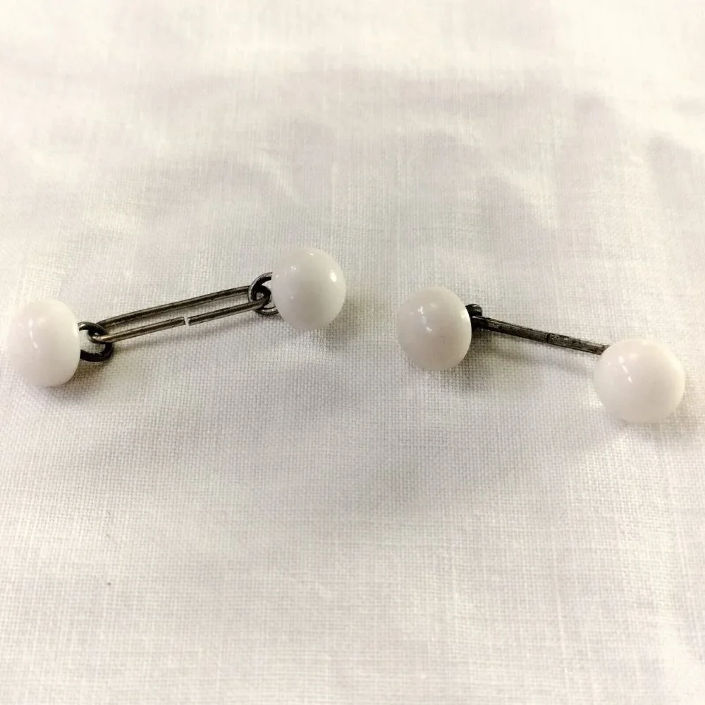 4/$20 Vintage Antique White Glass Bar Cufflinks Round Domed Simple